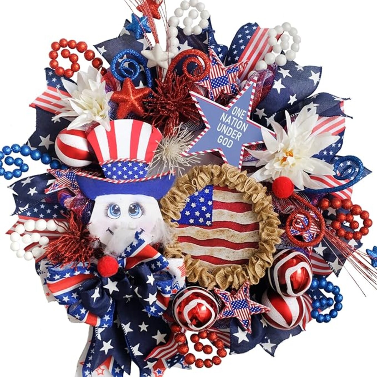 20" Patriotic Wreaths for Front Door - Mesh 4th of July Wreath, Memorial Day & Independence Day Patriotic Decorations with Stars & Stripes Design, Indoor Outdoor Wall Decor (Red White Blue)